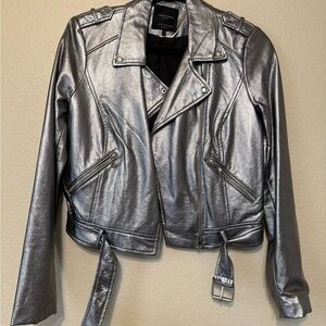 ZARA Silver Metallic Faux Leather Women's Moto Jacket